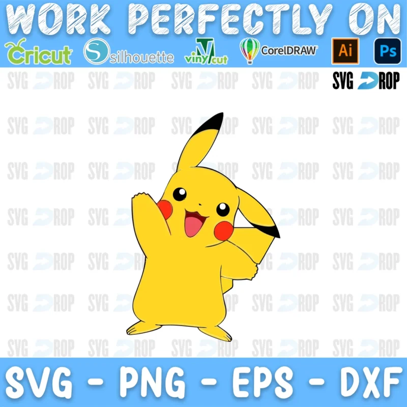 A full color Pokemon design: Pikachu waving one paw with rosy red cheeks and a happy open smile SVG