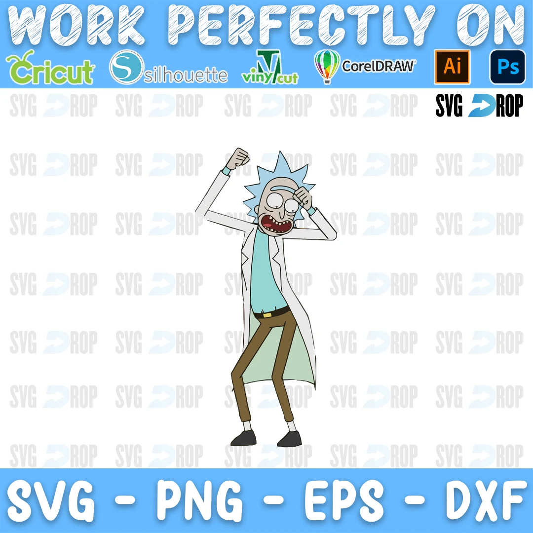 A full color Rick and Morty design: Rick Sanchez in his lab coat, holding his head with one arm raised high SVG