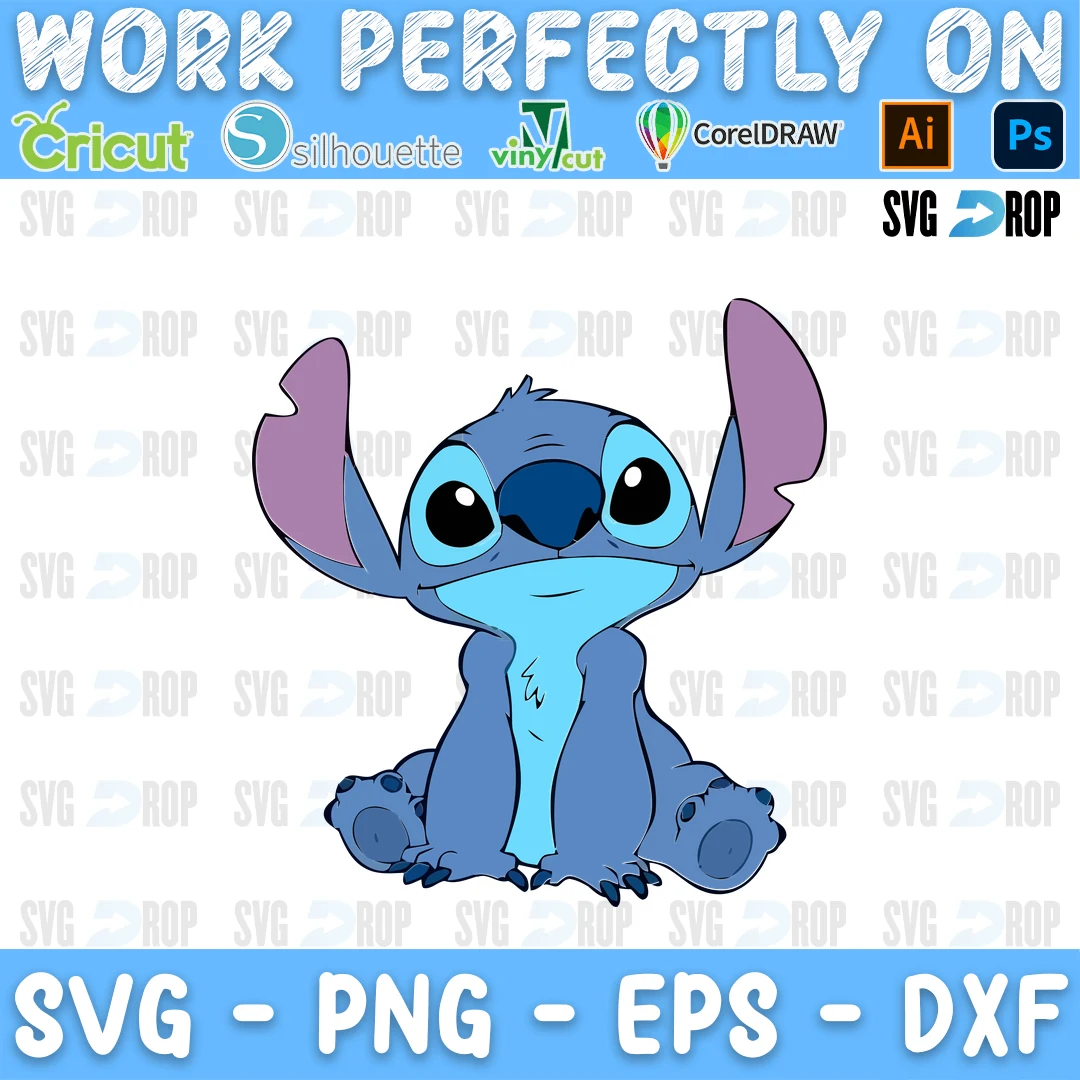 A full color Lilo and Stitch design: Stitch sitting down with his big ears up and a calm little smile SVG