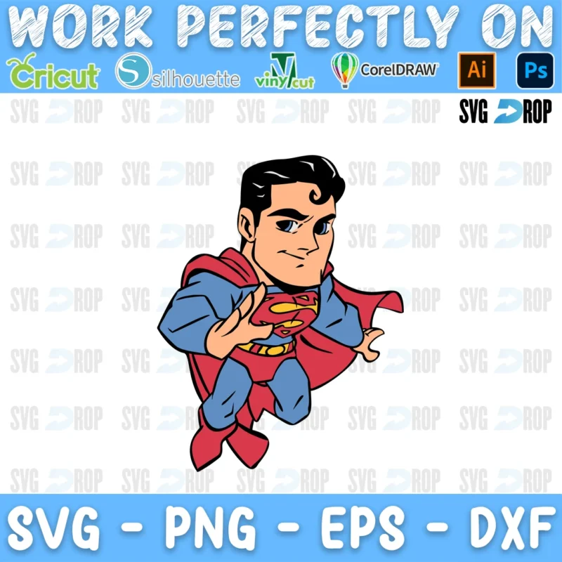 A full color DC design: a chibi Superman flying forward with his red cape and the S shield on his chest SVG