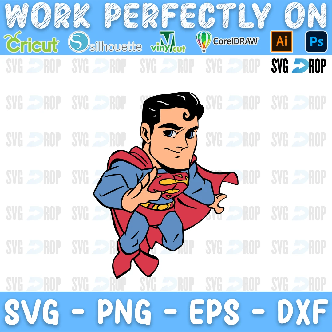 A full color DC design: a chibi Superman flying forward with his red cape and the S shield on his chest SVG