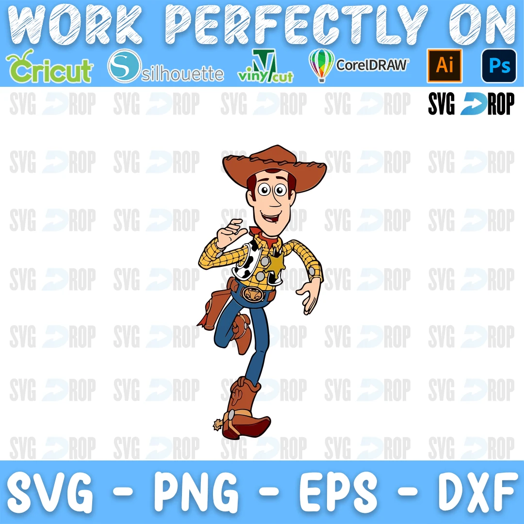 A full color Toy Story design: Sheriff Woody running in his cowboy hat, yellow plaid shirt and brown boots SVG