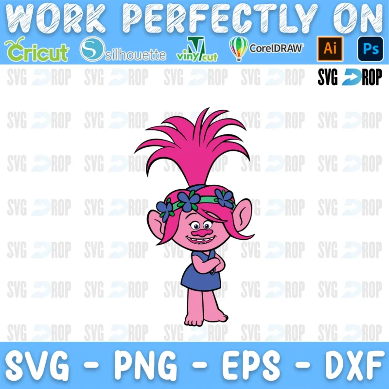 A full color Trolls design: Poppy with her tall pink hair, flower headband and blue dress SVG