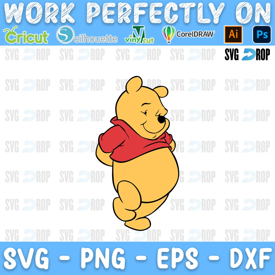 A full color Winnie the Pooh design: Pooh Bear standing in his little red shirt with a sweet, shy smile SVG
