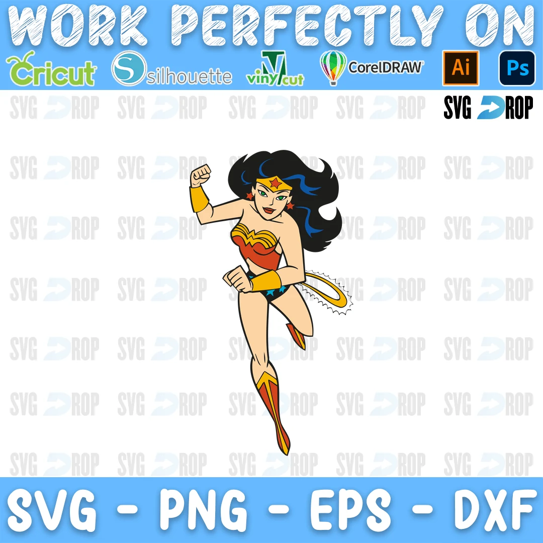 A full color DC design: Wonder Woman running with her fist raised, her golden lasso and red boots SVG